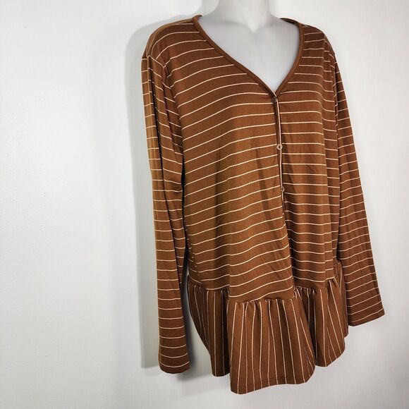 Pink Blush Womens Top Large Button V Neck Brown Striped Peplum Hem Long Sleeve - Picture 4 of 8